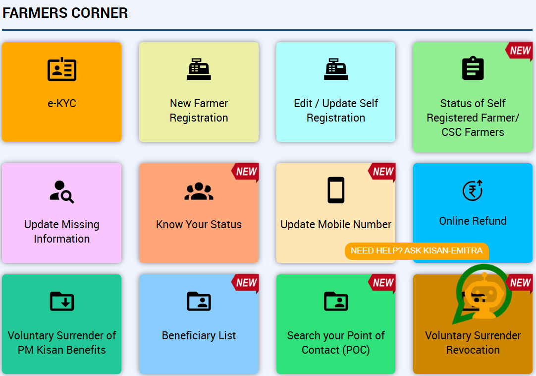 PM-Kisan Homepage Farmers Corner