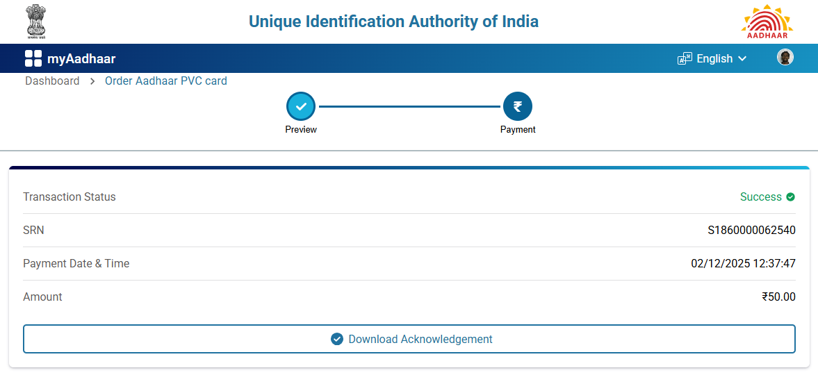 Order Aadhaar PVC Card SRN Tracking Number